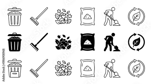 Vector graphic illustration of composting and gardening icons set