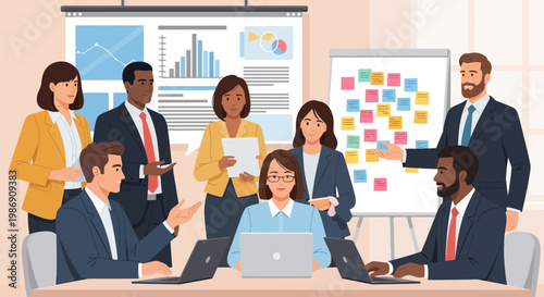 Team meets in office to discuss project updates with charts and notes during a busy workday