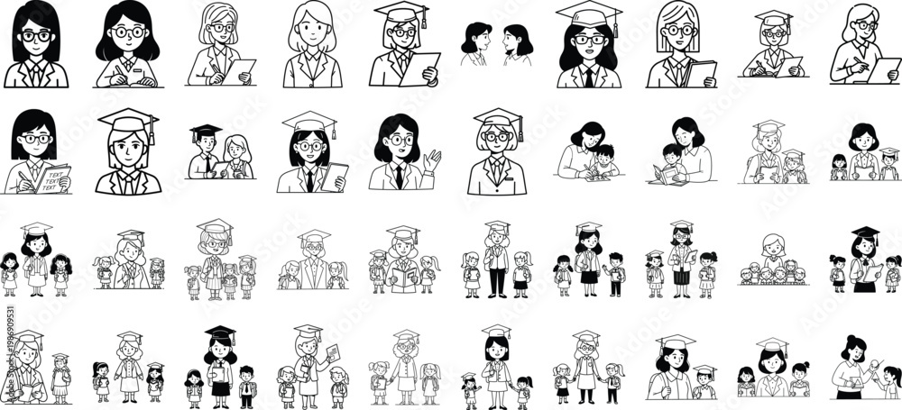 Obraz premium A collection of black and white sketch icons illustrating various academic and school scenarios