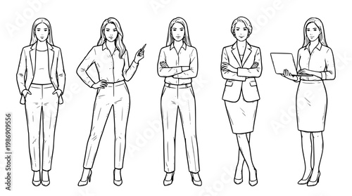 Businesswomen in various professional poses with laptop and gestures