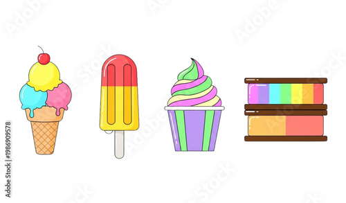 Colorful ice cream vector set with sweet dessert collection in flat style isolated on white background