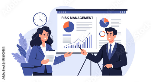 Business team discusses risk management strategies with charts in a meeting room during daytime