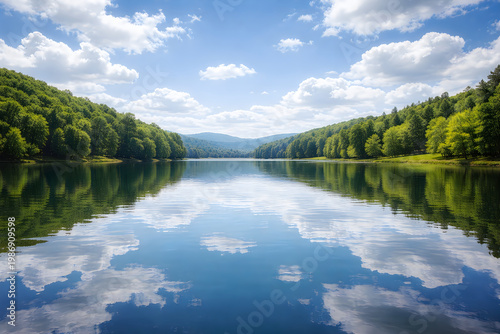 Lake surrounded by lush green trees and mountains