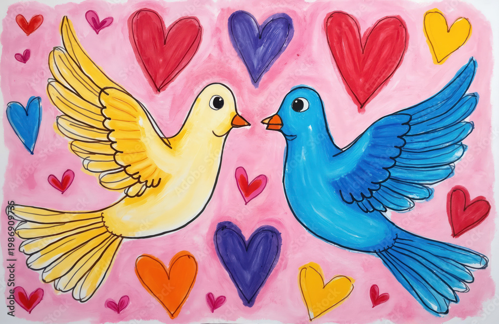 Fototapeta premium Two cartoon birds, yellow and blue, fly among colorful hearts. Childrens drawing expresses hope for world peace and love. Simple art shares positive message of harmony and unity.