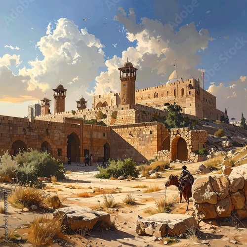 Ancient fortified structure with towers and stone walls