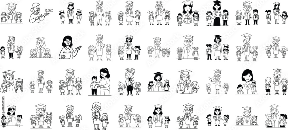 Obraz premium A collection of black and white sketch illustrations depicting teachers with students in school