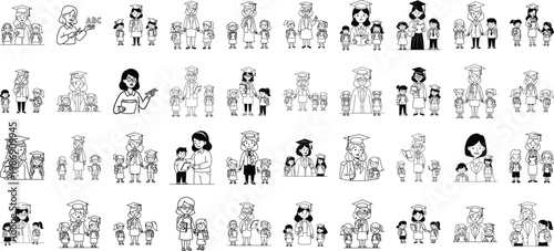 A collection of black and white sketch illustrations depicting teachers with students in school