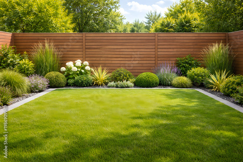 Lawn garden with wooden fence and shrubs