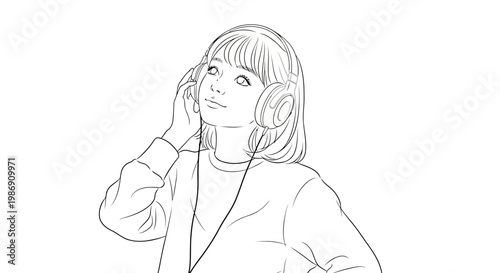 A young woman wearing headphones and listening to music with a smile