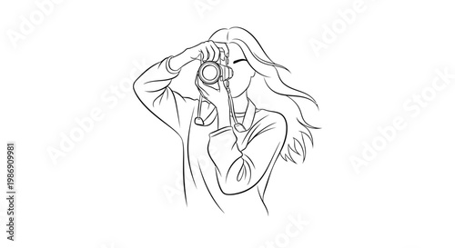 A woman taking a photo with her camera in a creative pose