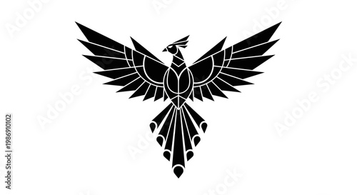 A black and white illustration of a mythical bird in flight