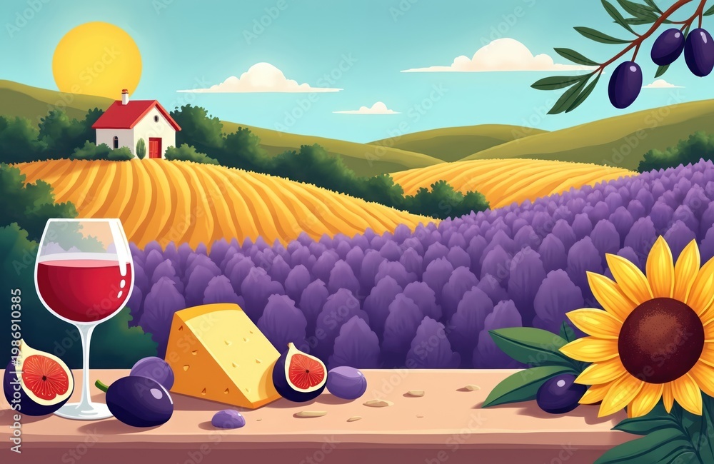 Fototapeta premium French countryside landscape with lavender fields golden grain harvest and vineyards. Farmhouse with red roof near olive trees and sunflower. Wine cheese figs and olives served on table.