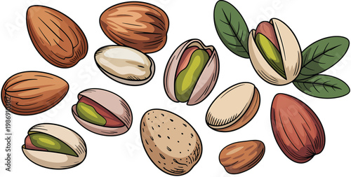 Assortment of assorted nuts, including almonds and pistachios, displayed individually and with