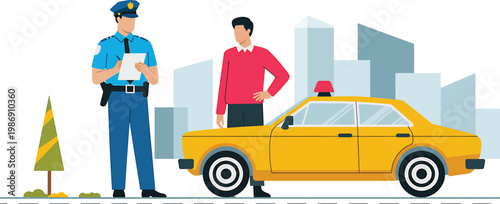 City street scene with a police officer ticketing a yellow vehicle and a pedestrian