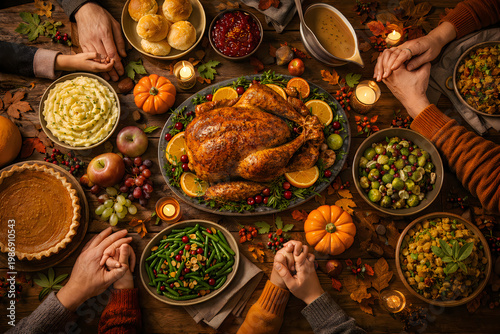Thanksgiving dinner table with roasted turkey and hands