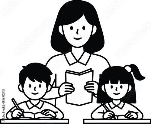 Teacher guiding two students in classroom setting
