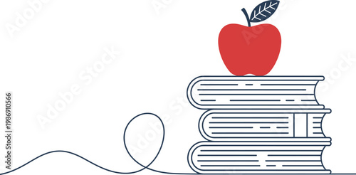 Educational line art illustration featuring a red apple sitting on a stack of three blue books.