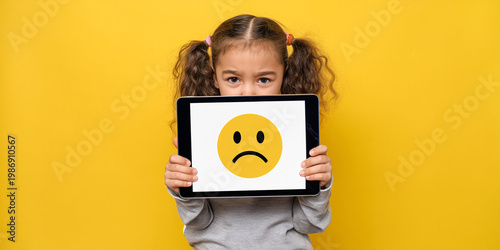 Child's Disappointment Displayed A young girl, her face partially visible, holds up a tablet displaying a sad face emoji against a vibrant backdrop, encapsulating the emotions of childhood.