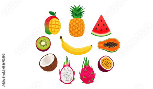 Colorful tropical fruits vector collection in circular layout with vibrant flat design isolated on white background