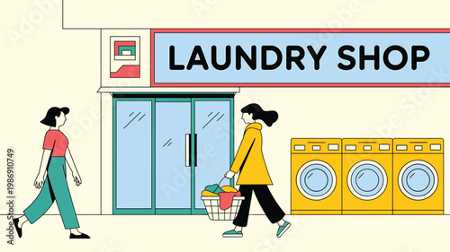 Illustration of People Walking in Front of a Laundry Shop with Washing Machines in Vector Style