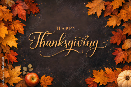 Thanksgiving greeting with autumn leaves and pumpkins