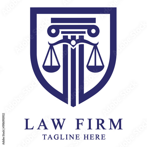 Law firm logo template with shield and scales of justice symbol icon