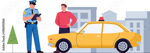 Police officer writing a ticket next to a civilian and a yellow car on a street with buildings