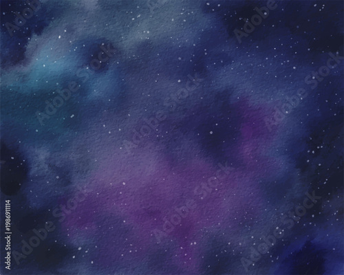 Starry night sky watercolor background with deep blue tones, shining stars and soft cosmic clouds, abstract dreamy space illustration, calm and peaceful celestial scenery. Vector illustration