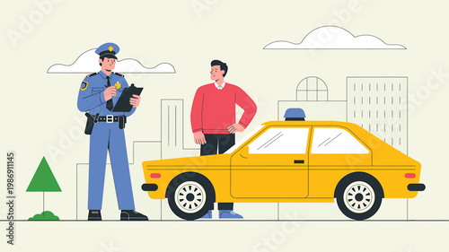 Traffic stop illustration of a police officer interacting with a driver next to a yellow car
