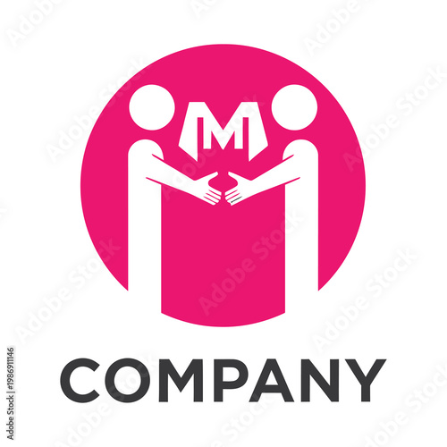 Pink company logo with two people shaking hands in circle icon