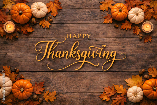 Thanksgiving, pumpkins and leaves on wooden background