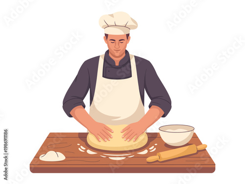A chef kneading dough on a wooden table with a rolling pin and bowl nearby
