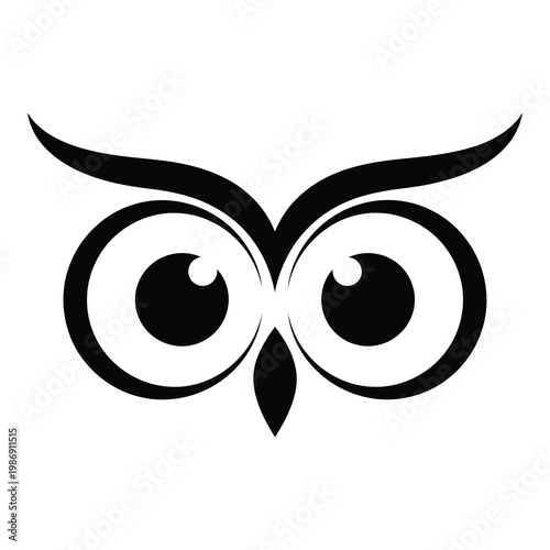 Simple black owl face with big round eyes and curved horns on white background icon