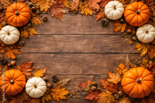 Pumpkins on wooden background with autumn leaves