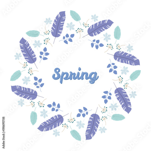 Photography Decorative wreath of purple, blue, and green leaves with flowers, surrounding th