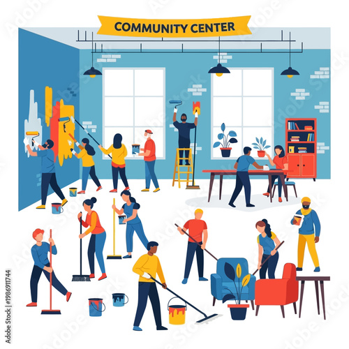Diverse community members painting and cleaning a vibrant community center