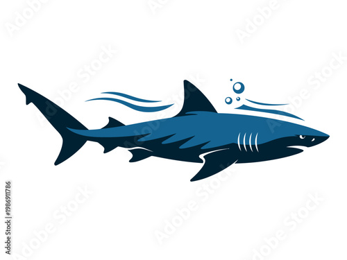 A blue shark swimming in the ocean with bubbles rising to the surface