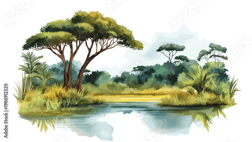 Pongara National Park. Pongara National Park hand drawn watercolor illustration on white background