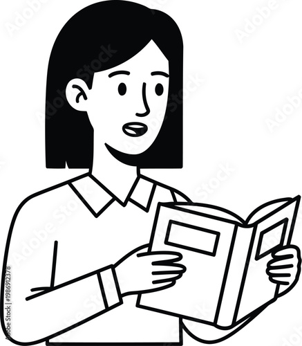 Woman reading a book with surprise expression