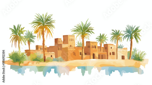 Siwa Oasis. Siwa Oasis hand drawn watercolor illustration on white background