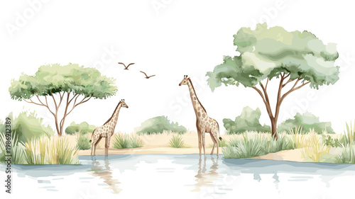 Selous Game Reserve. Selous Game Reserve hand drawn watercolor illustration on white background
