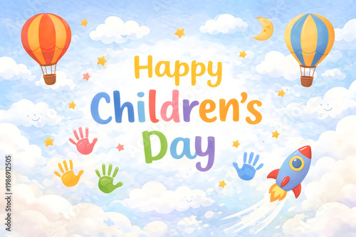 Children's Day colorful illustration with hot air balloons