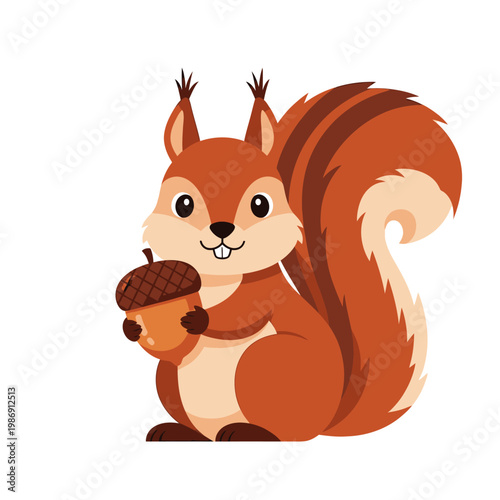 Cute cartoon squirrel holding an acorn, isolated on white background