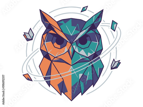Geometric Owl Logo Design, Polygonal Bird Head with Abstract Orbit Rings
