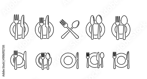 Fork and spoon outline icon set with plate minimal restaurant utensil symbols for app and web design