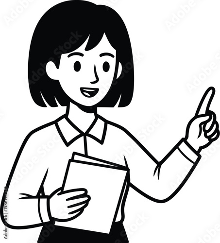 Woman holding document and pointing upwards with index finger
