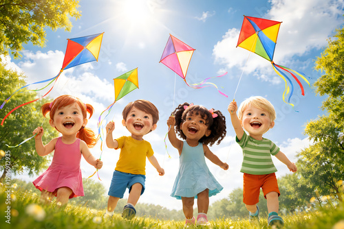 children flying colorful kites in sunny park with joy