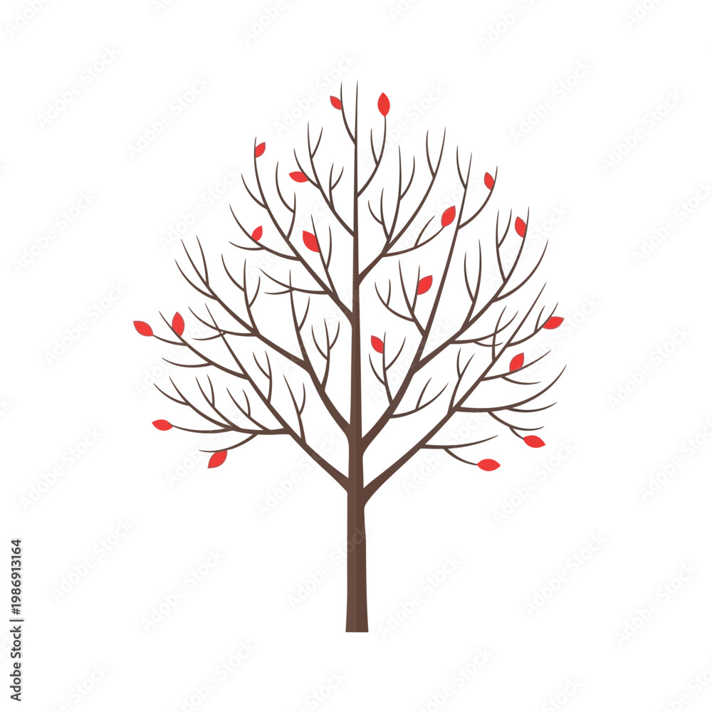 Fototapeta premium Minimalist Autumn Tree with Few Red Leaves on White Background