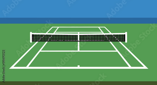 Tennis court with green surface and net.