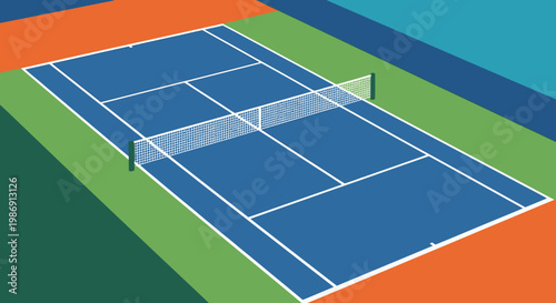 Tennis court with colorful surroundings.